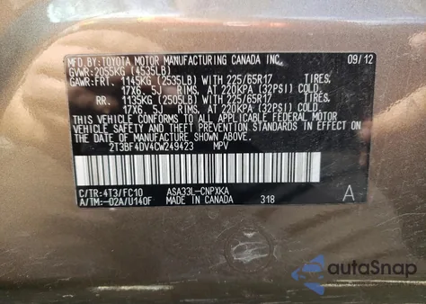 2012 Toyota Rav4 z USA, uszkodzony, nr VIN 2T3BF4DV4CW249423